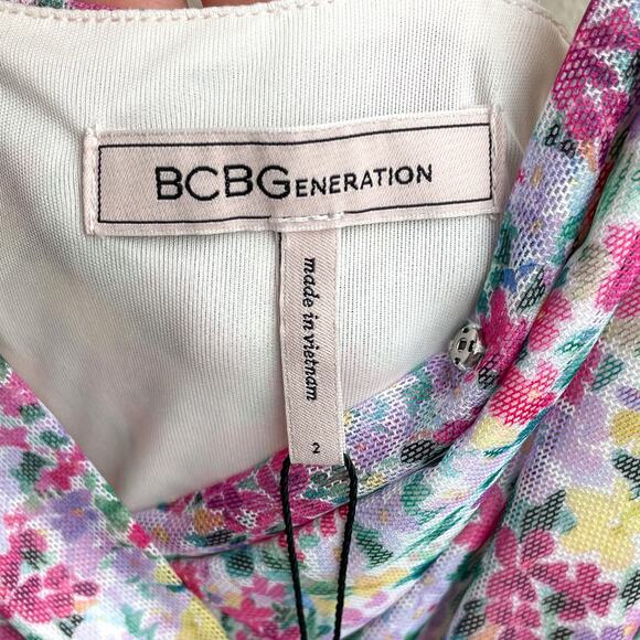 NWT BCBGeneration Ditsy Floral Mesh Ruched Mini Dress Preppy Pink Purple Size 2 - Picture 6 of 14